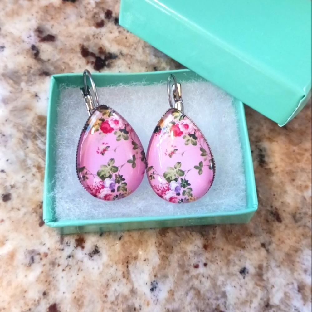Pink Floral Teardrop Earrings - Picture 1 of 2
